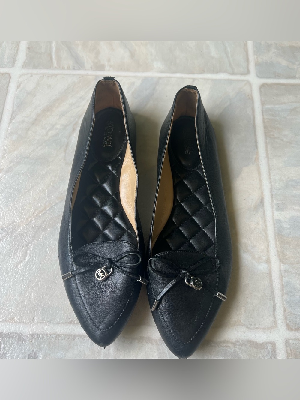 Michael Kors Black Pointed Toe Leather Ballet Flats with MK Charm